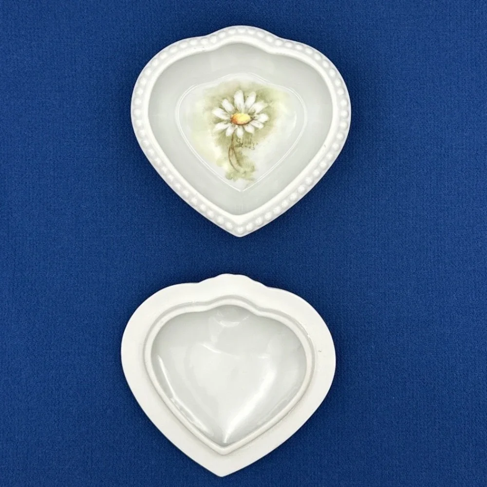 Vintage Gladys Jones Hand Painted Heart Porcelain Trinket Boy Floral Beaded Lid